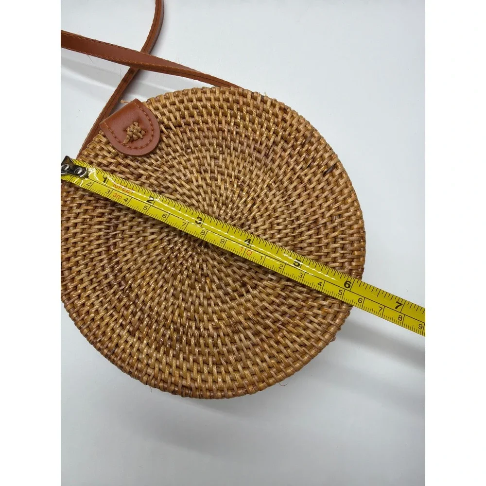 Round Woven Rattan Crossbody‎ Bag Natural Straw Circle Purse with Batik Lining